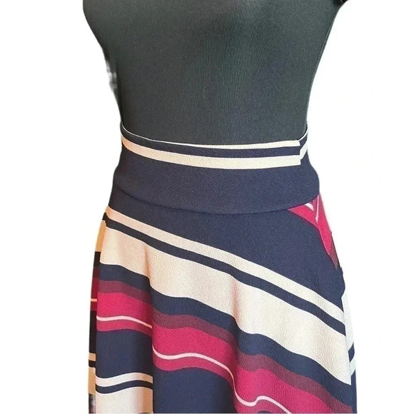 Agnes & Dora Midi Skirt Comfy Pull-On Waist Tan Red Black Striped Size Small - Picture 3 of 5